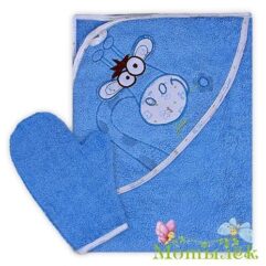 Махровое полотенце-уголок с рукавичкой Жираф синее
