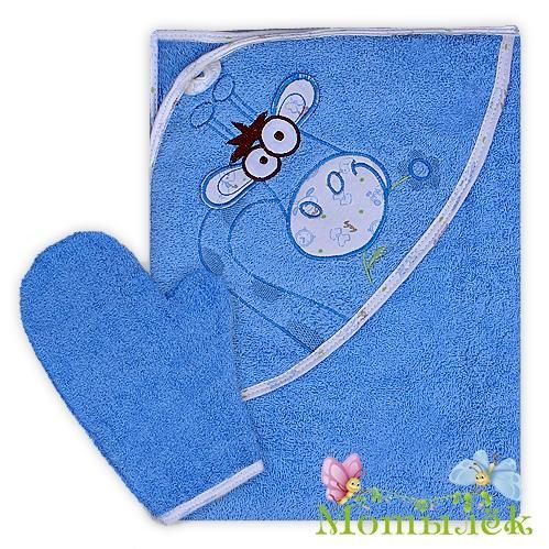 Махровое полотенце-уголок с рукавичкой Жираф синее